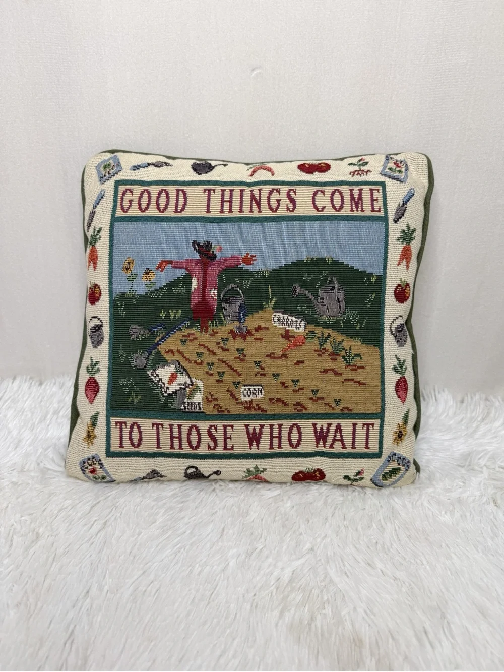 Vintage green tan garden farming veggie themed needlepoint decor throw pillow